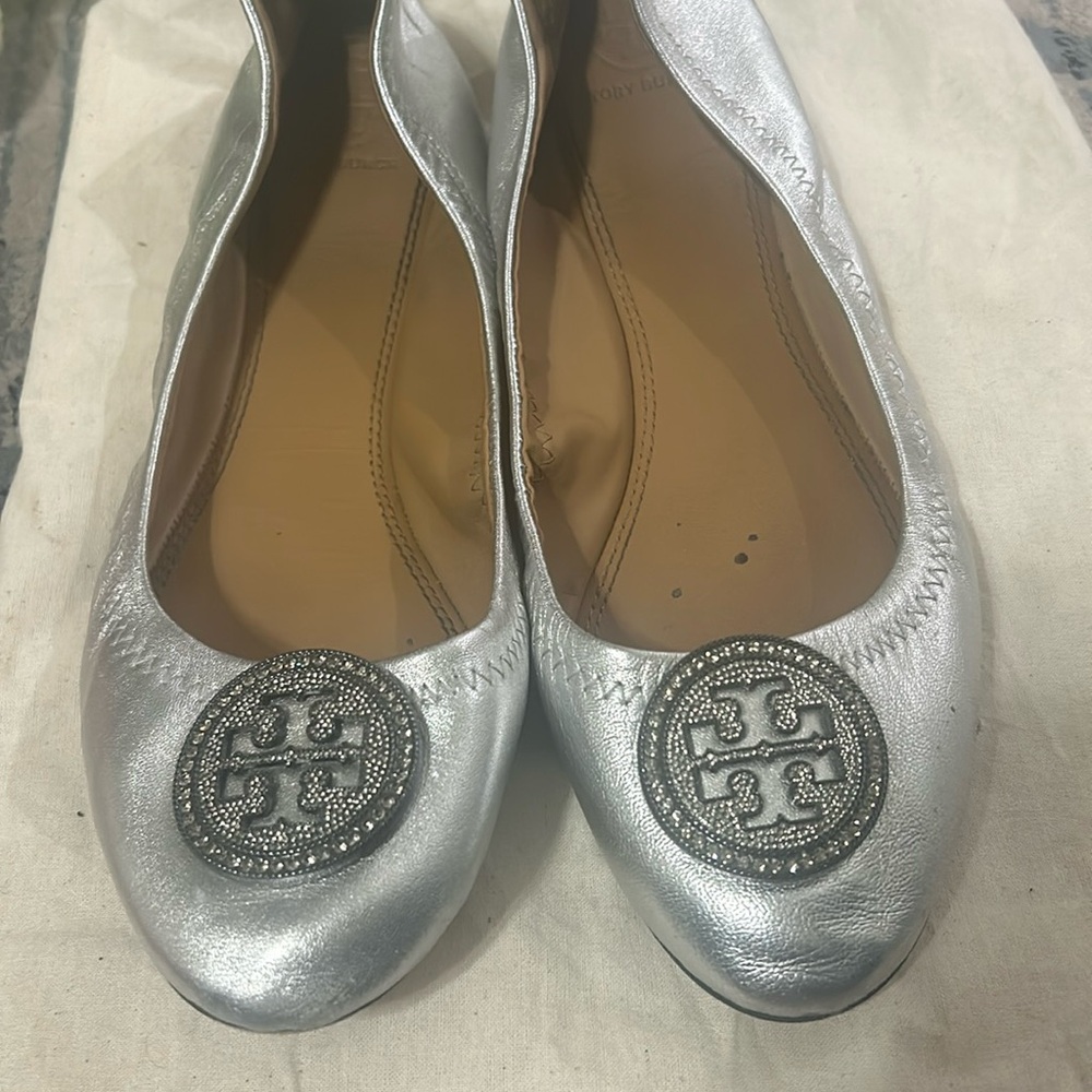 Tory Burch Liana crystal embellished medallion leather flats